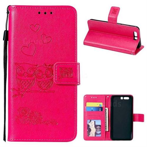 Embossing Owl Couple Flower Leather Wallet Case for Huawei Honor 9 - Red