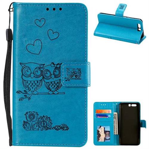 Embossing Owl Couple Flower Leather Wallet Case for Huawei Honor 9 - Blue