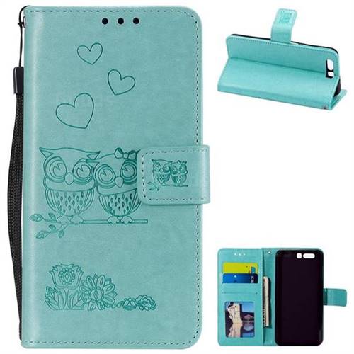 Embossing Owl Couple Flower Leather Wallet Case for Huawei Honor 9 - Green