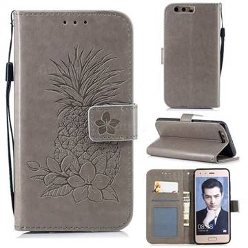 Embossing Flower Pineapple Leather Wallet Case for Huawei Honor 9 - Gray