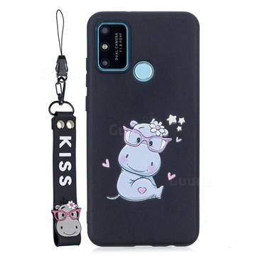 Black Flower Hippo Soft Kiss Candy Hand Strap Silicone Case for Huawei Honor 9A