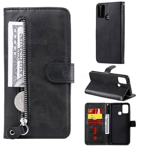 Retro Luxury Zipper Leather Phone Wallet Case for Huawei Honor 9A - Black