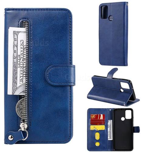 Retro Luxury Zipper Leather Phone Wallet Case for Huawei Honor 9A - Blue