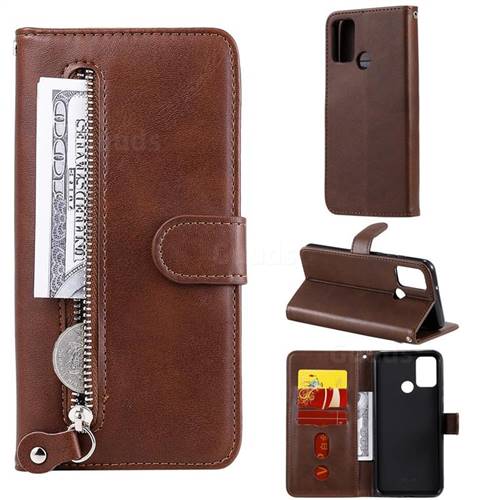 Retro Luxury Zipper Leather Phone Wallet Case for Huawei Honor 9A - Brown