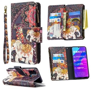 Totem Flower Elephant Binfen Color BF03 Retro Zipper Leather Wallet Phone Case for Huawei Honor 9A