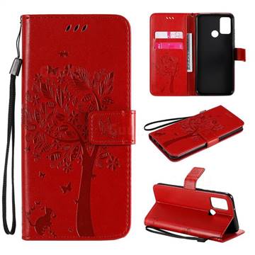 Embossing Butterfly Tree Leather Wallet Case for Huawei Honor 9A - Red