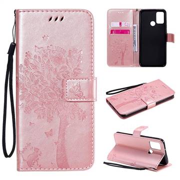 Embossing Butterfly Tree Leather Wallet Case for Huawei Honor 9A - Rose Pink