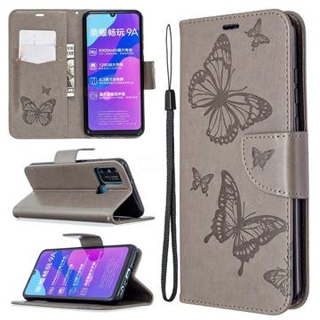 Embossing Double Butterfly Leather Wallet Case for Huawei Honor 9A - Gray