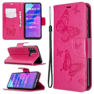 Embossing Double Butterfly Leather Wallet Case for Huawei Honor 9A - Red