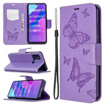 Embossing Double Butterfly Leather Wallet Case for Huawei Honor 9A - Purple