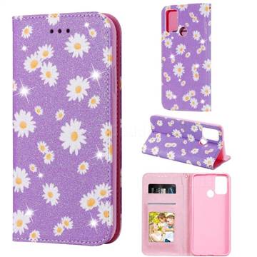 Ultra Slim Daisy Sparkle Glitter Powder Magnetic Leather Wallet Case for Huawei Honor 9A - Purple