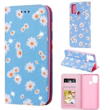 Ultra Slim Daisy Sparkle Glitter Powder Magnetic Leather Wallet Case for Huawei Honor 9A - Blue