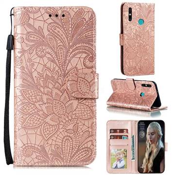 Intricate Embossing Lace Jasmine Flower Leather Wallet Case for Huawei Honor 9A - Rose Gold