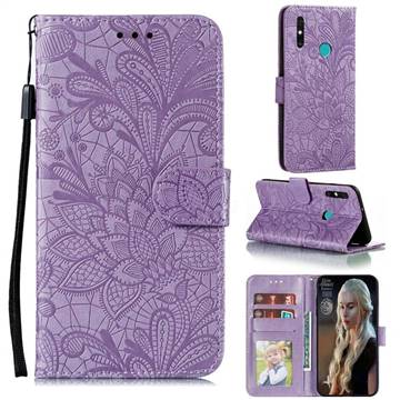 Intricate Embossing Lace Jasmine Flower Leather Wallet Case for Huawei Honor 9A - Purple
