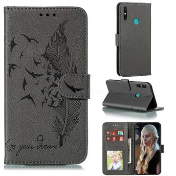 Intricate Embossing Lychee Feather Bird Leather Wallet Case for Huawei Honor 9A - Gray