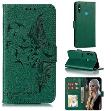 Intricate Embossing Lychee Feather Bird Leather Wallet Case for Huawei Honor 9A - Green