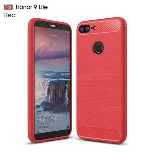 Luxury Carbon Fiber Brushed Wire Drawing Silicone TPU Back Cover for Huawei Honor 9 Lite - Red