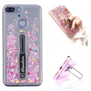 Concealed Ring Holder Stand Glitter Quicksand Dynamic Liquid Phone Case for Huawei Honor 9 Lite - Rose