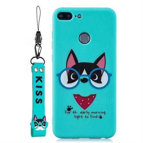 Green Glasses Dog Soft Kiss Candy Hand Strap Silicone Case for Huawei Honor 9 Lite