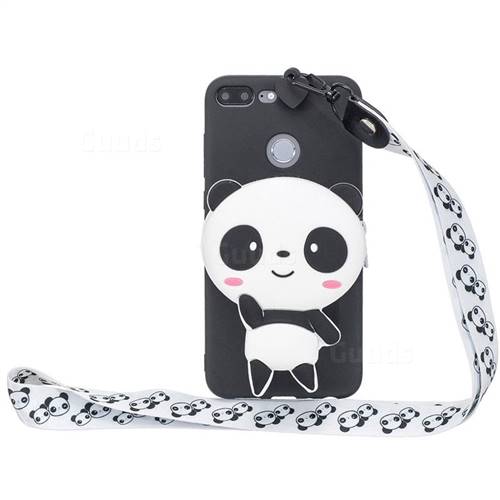 White Panda Neck Lanyard Zipper Wallet Silicone Case for Huawei Honor 9 Lite