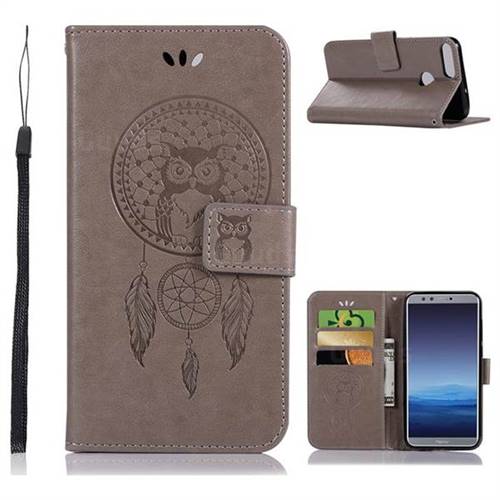 Intricate Embossing Owl Campanula Leather Wallet Case for Huawei Honor 9 Lite - Grey