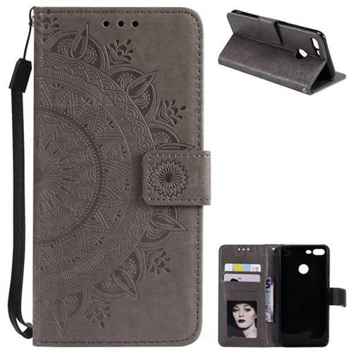 Intricate Embossing Datura Leather Wallet Case for Huawei Honor 9 Lite - Gray
