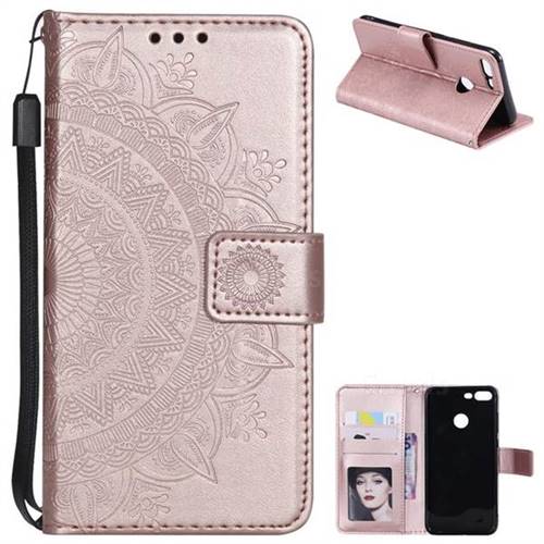 Intricate Embossing Datura Leather Wallet Case for Huawei Honor 9 Lite - Rose Gold