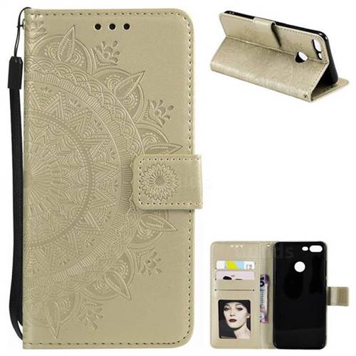 Intricate Embossing Datura Leather Wallet Case for Huawei Honor 9 Lite - Golden
