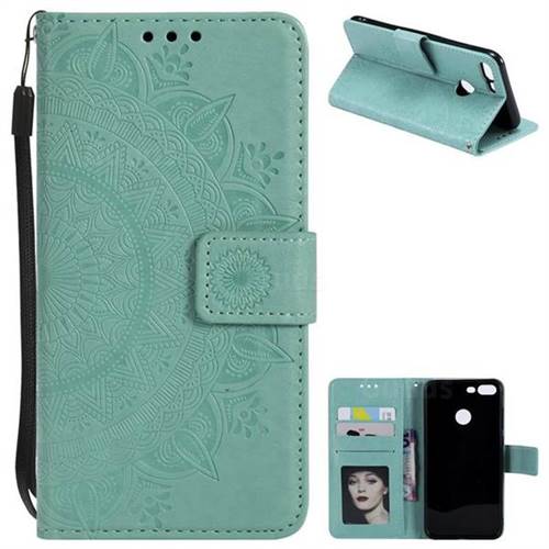 Intricate Embossing Datura Leather Wallet Case for Huawei Honor 9 Lite - Mint Green