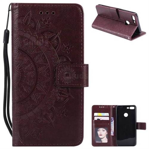Intricate Embossing Datura Leather Wallet Case for Huawei Honor 9 Lite - Brown