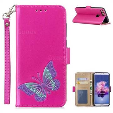 Imprint Embossing Butterfly Leather Wallet Case for Huawei Honor 9 Lite - Rose Red