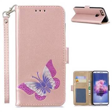 Imprint Embossing Butterfly Leather Wallet Case for Huawei Honor 9 Lite - Rose Gold
