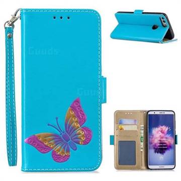 Imprint Embossing Butterfly Leather Wallet Case for Huawei Honor 9 Lite - Sky Blue