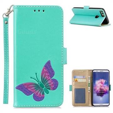 Imprint Embossing Butterfly Leather Wallet Case for Huawei Honor 9 Lite - Mint Green