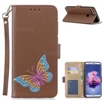 Imprint Embossing Butterfly Leather Wallet Case for Huawei Honor 9 Lite - Brown