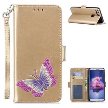 Imprint Embossing Butterfly Leather Wallet Case for Huawei Honor 9 Lite - Golden