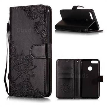 Intricate Embossing Lotus Mandala Flower Leather Wallet Case for Huawei Honor 9 Lite - Black