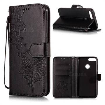 Intricate Embossing Dandelion Butterfly Leather Wallet Case for Huawei Honor 9 Lite - Black