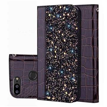 Shiny Crocodile Pattern Stitching Magnetic Closure Flip Holster Shockproof Phone Cases for Huawei Honor 9 Lite - Black Brown