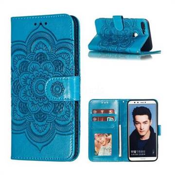 Intricate Embossing Datura Solar Leather Wallet Case for Huawei Honor 9 Lite - Blue