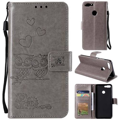 Embossing Owl Couple Flower Leather Wallet Case for Huawei Honor 9 Lite - Gray