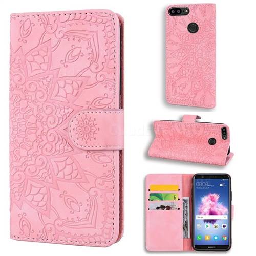 Retro Embossing Mandala Flower Leather Wallet Case for Huawei Honor 9 Lite - Pink