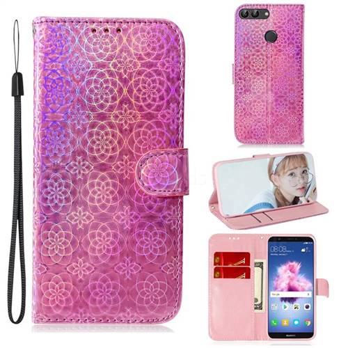 Laser Circle Shining Leather Wallet Phone Case for Huawei Honor 9 Lite - Pink