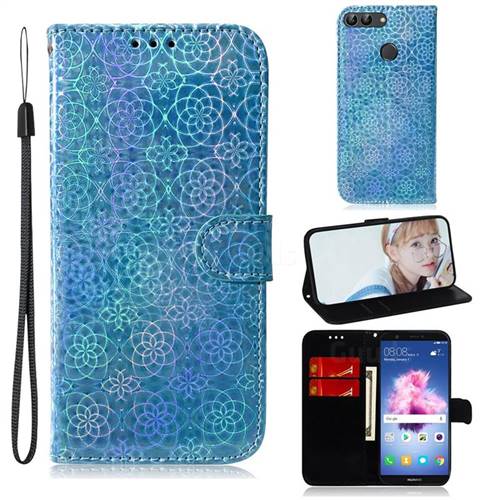Laser Circle Shining Leather Wallet Phone Case for Huawei Honor 9 Lite - Blue