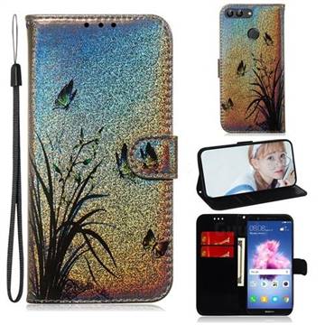 Butterfly Orchid Laser Shining Leather Wallet Phone Case for Huawei Honor 9 Lite