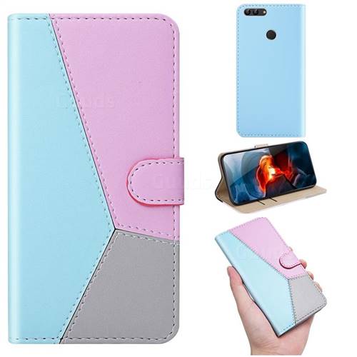 Tricolour Stitching Wallet Flip Cover for Huawei Honor 9 Lite - Blue