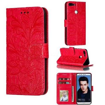 Intricate Embossing Lace Jasmine Flower Leather Wallet Case for Huawei Honor 9 Lite - Red