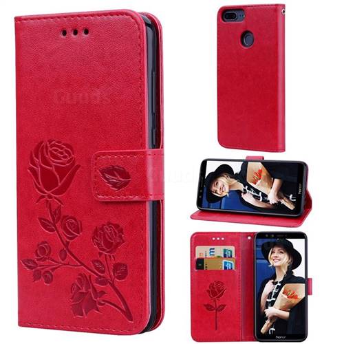 Embossing Rose Flower Leather Wallet Case for Huawei Honor 9 Lite - Red