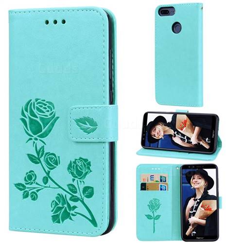 Embossing Rose Flower Leather Wallet Case for Huawei Honor 9 Lite - Green