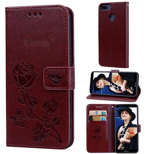 Embossing Rose Flower Leather Wallet Case for Huawei Honor 9 Lite - Brown